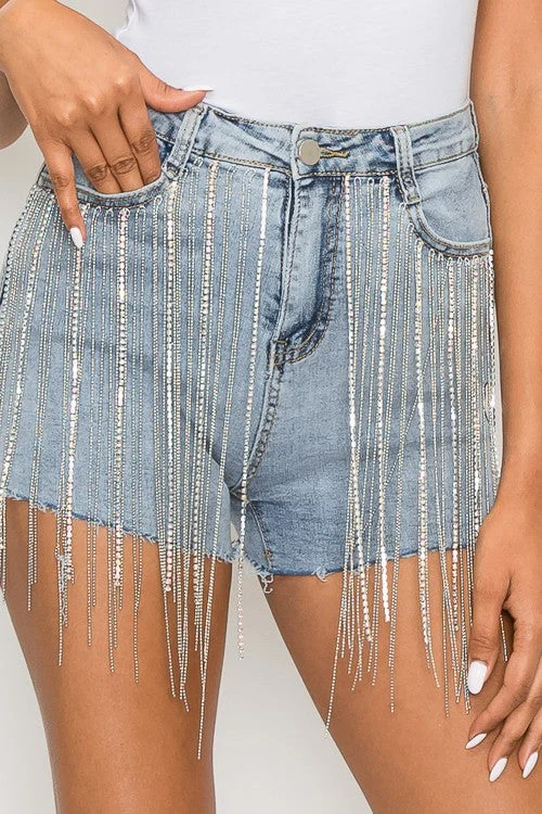 Shorts With Satin Finish-Wild West Rhinestone Fringe Shorts