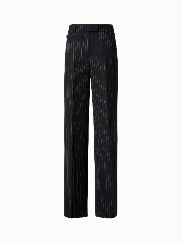 Pants For Truck Drivers-Wide Leg Pants in Wool Double-Face with Pinstripes