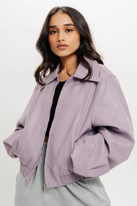 Jackets With Double-Breasted Design-Lavender Leather Jacket