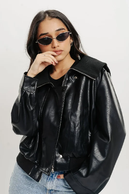 Jackets With Military-Inspired Look-Ribbed Collar - Biker Leather Jacket