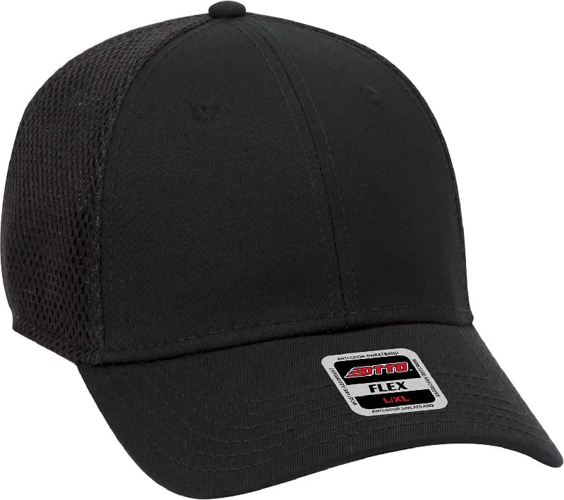 Hat For Windy Weather-OTTO 11-1169 Cotton Twill w/ Stretchable Polyester Air Mesh Back "OTTO Flex" 6 Panel Low Profile Baseball Cap - Black