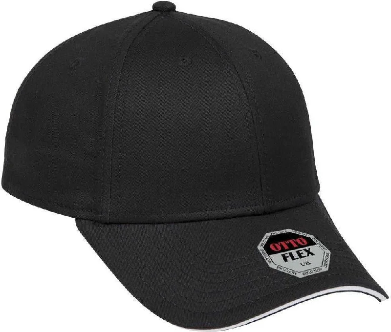 Hat For Plus Size-OTTO 12-1163 Stretchable Superior Cotton Twill Sandwich Visor Flex 6 Panel Low Profile Baseball Cap - Black Black White