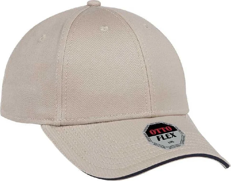 Hat For Seniors-OTTO 12-1163 Stretchable Superior Cotton Twill Sandwich Visor Flex 6 Panel Low Profile Baseball Cap - Khaki Khaki Navy