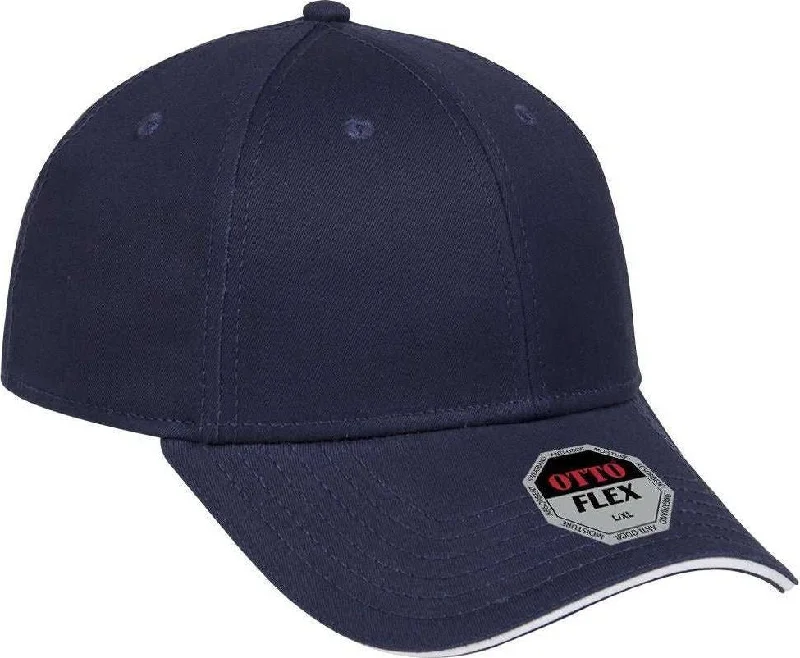 Hat For Teens-OTTO 12-1163 Stretchable Superior Cotton Twill Sandwich Visor Flex 6 Panel Low Profile Baseball Cap - Navy Navy White