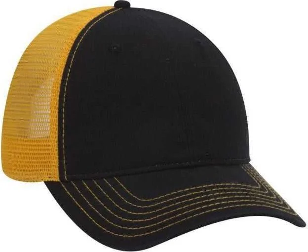 Hat For Plus Size-OTTO 121-858 Superior Garment Washed Cotton Twill Low Profile Pro Style Mesh Back Cap - Black Black Gold