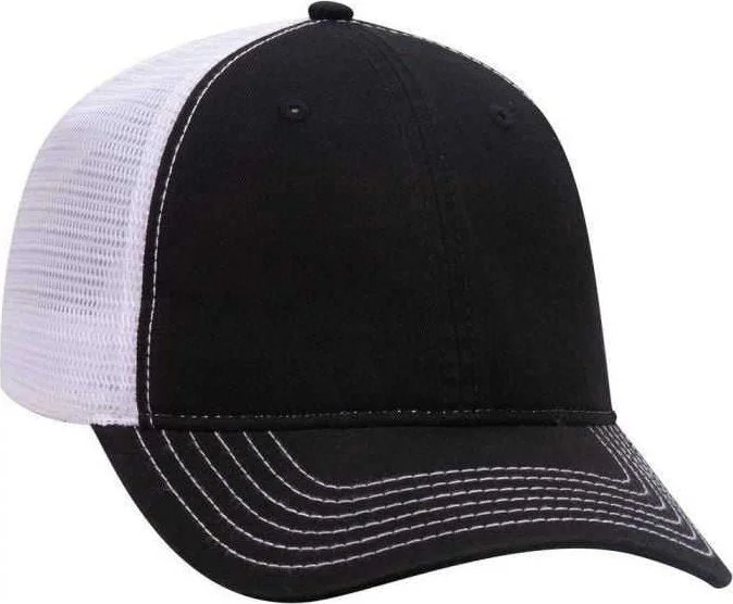 Hat For Seniors-OTTO 121-858 Superior Garment Washed Cotton Twill Low Profile Pro Style Mesh Back Cap - Black Black White