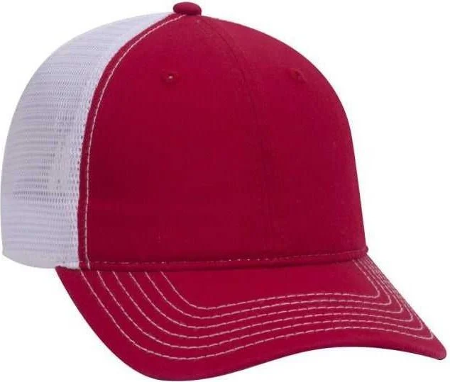 Hat For Women-OTTO 121-858 Superior Garment Washed Cotton Twill Low Profile Pro Style Mesh Back Cap - Red Red White