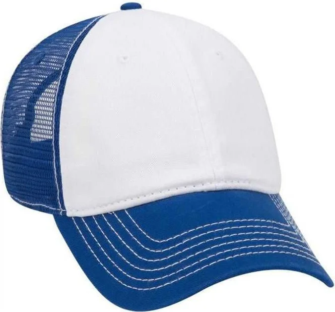 Hat For Outdoor Adventures-OTTO 121-858 Superior Garment Washed Cotton Twill Low Profile Pro Style Mesh Back Cap - Royal White Royal