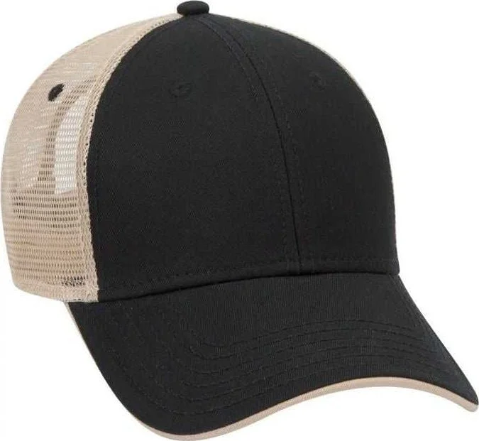 Hat With Designer Brand-OTTO 122-945 Superior Cotton Twill Flipped Edge Visor Low Profile Pro Style Mesh Back Cap - Black Black Khaki