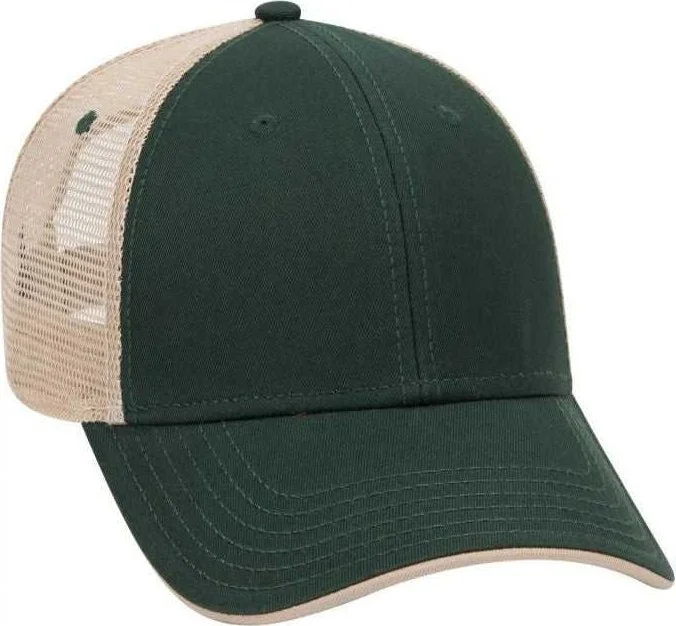 Hat With High-End Design-OTTO 122-945 Superior Cotton Twill Flipped Edge Visor Low Profile Pro Style Mesh Back Cap - Dark Green Dark Green Khaki