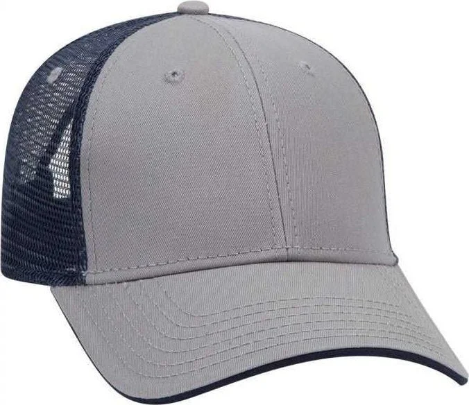 Hat With Classic Look-OTTO 122-945 Superior Cotton Twill Flipped Edge Visor Low Profile Pro Style Mesh Back Cap - Gray Gray Navy