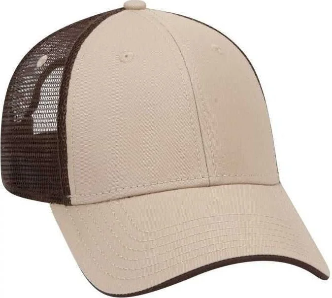 Hat With Luxury Finish-OTTO 122-945 Superior Cotton Twill Flipped Edge Visor Low Profile Pro Style Mesh Back Cap - Khaki Khaki Dark Brown