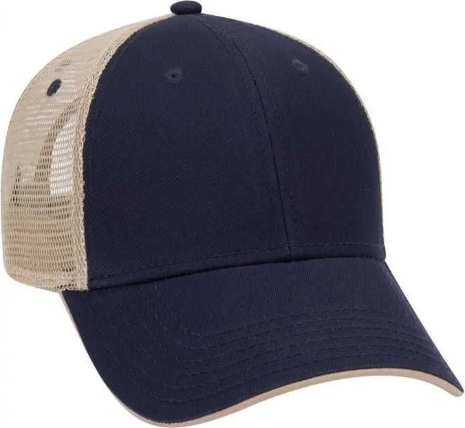 Hat With Street Fashion Style-OTTO 122-945 Superior Cotton Twill Flipped Edge Visor Low Profile Pro Style Mesh Back Cap - Navy Navy Khaki