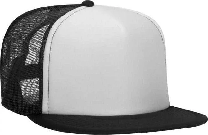 Hat With Adjustable Fit-OTTO 132-1037 Polyester Foam Front Flat Visor High Crown Golf Style Mesh Back Cap - Black White Black