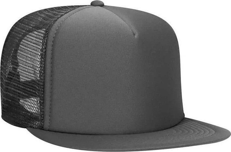 Hat With Chin Strap-OTTO 132-1037 Polyester Foam Front Flat Visor High Crown Golf Style Mesh Back Cap - Charcoal Gray