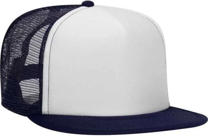 Hat With Water-Resistant Coating-OTTO 132-1037 Polyester Foam Front Flat Visor High Crown Golf Style Mesh Back Cap - Navy White Navy