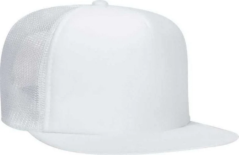 Hat With Cotton Fabric-OTTO 132-1037 Polyester Foam Front Flat Visor High Crown Golf Style Mesh Back Cap - White