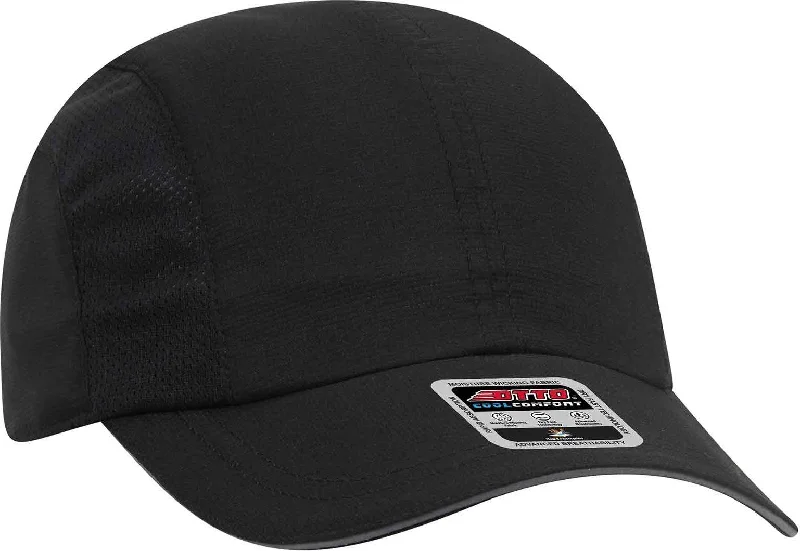 Hat With Denim Fabric-OTTO 133-1240 6 Panel Polyester Pongee with Mesh Inserts and Reflective Sandwich Visor Running Cap - Black