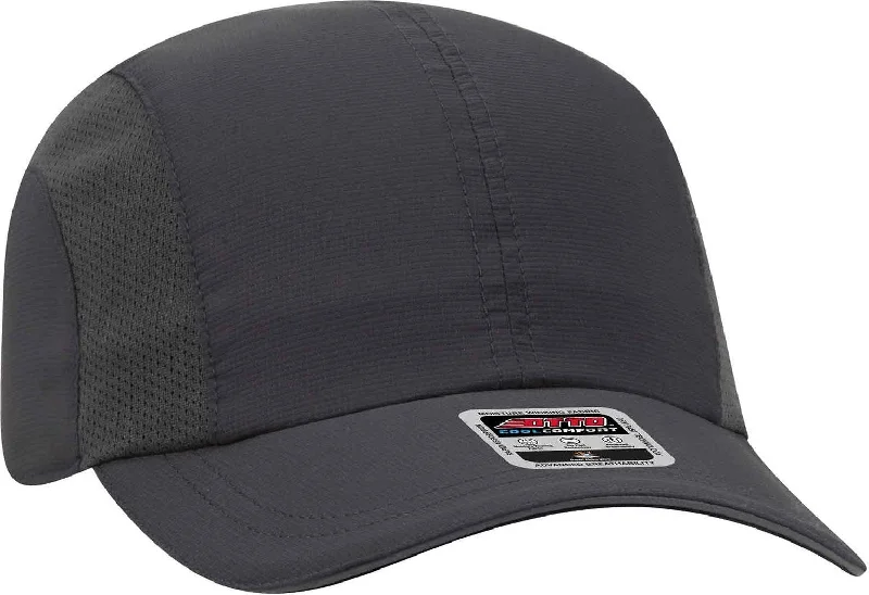 Hat With Leather Material-OTTO 133-1240 6 Panel Polyester Pongee with Mesh Inserts and Reflective Sandwich Visor Running Cap - Charcoal Gray