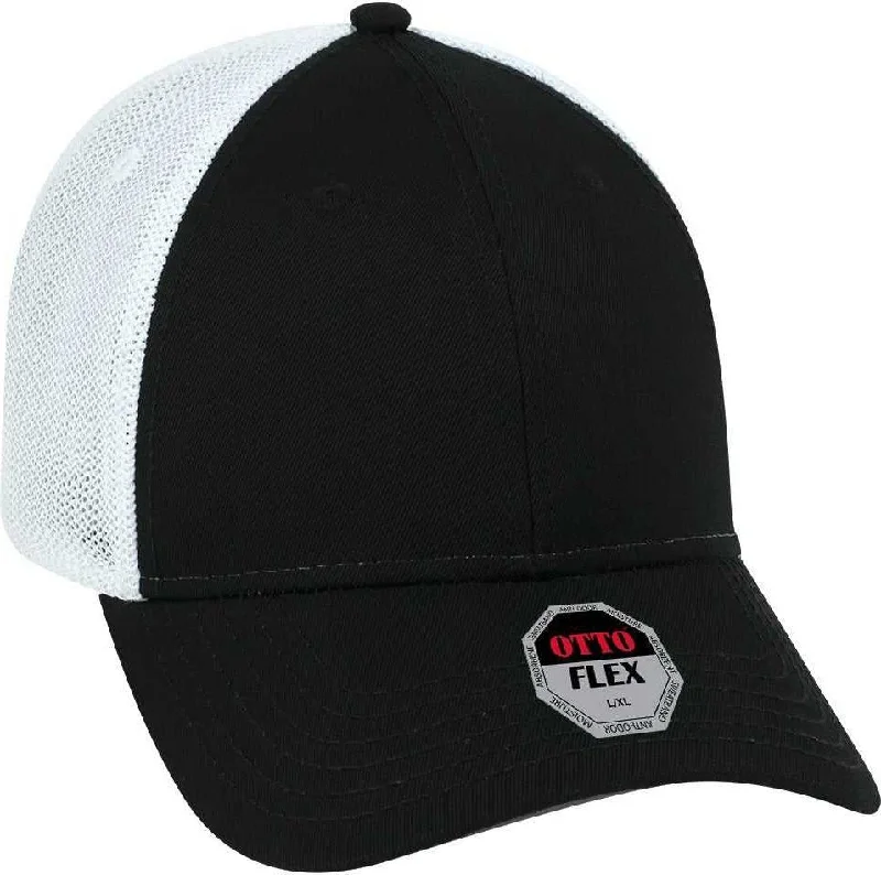 Hat With Anime Designs-OTTO 135-1230 Flex 6 Panel Low Profile Mesh Back Style Cap - Black Black White