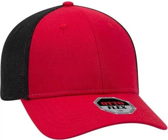 Hat With Custom Logo-OTTO 135-1230 Flex 6 Panel Low Profile Mesh Back Style Cap - Red Red Black