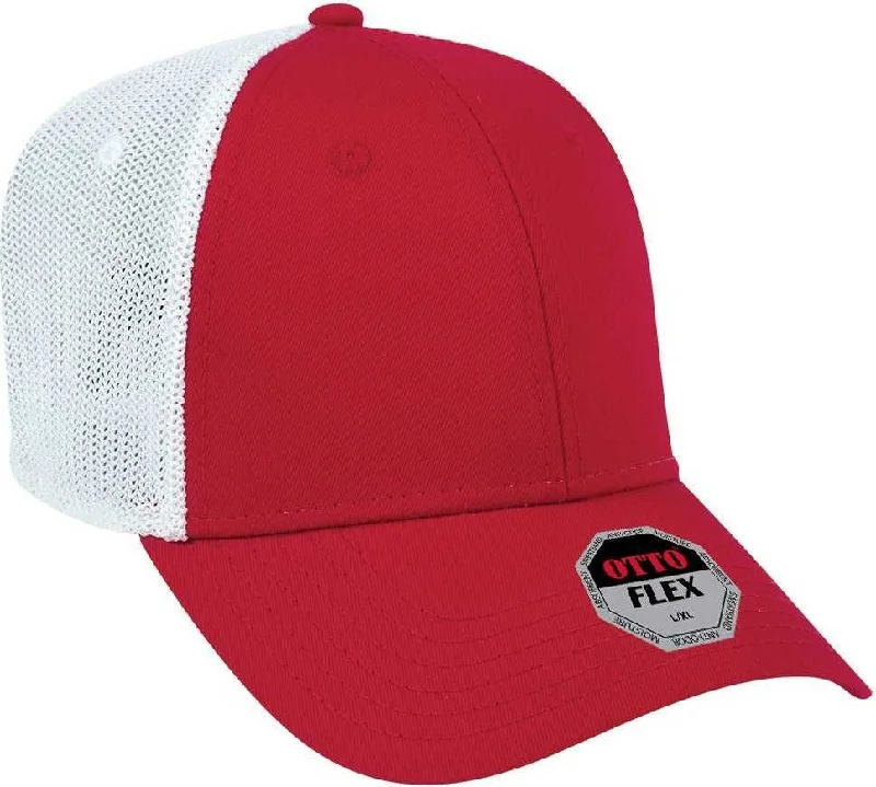 Hat With Personalized Name-OTTO 135-1230 Flex 6 Panel Low Profile Mesh Back Style Cap - Red Red White