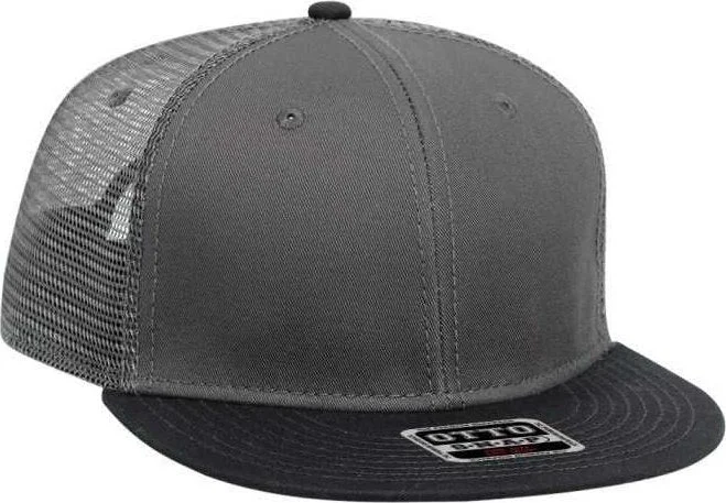 Hat With Floral Designs-OTTO 141-1070 Superior Cotton Twill Round Flat Visor 6 Panel Pro Style Mesh Back Trucker Snapback Hat - Black Charcoal Charcoal