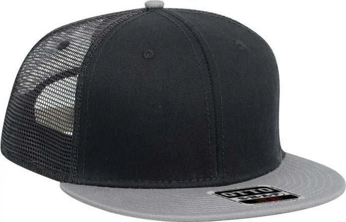 Hat With Striped Pattern-OTTO 141-1070 Superior Cotton Twill Round Flat Visor 6 Panel Pro Style Mesh Back Trucker Snapback Hat - Gray Black Black