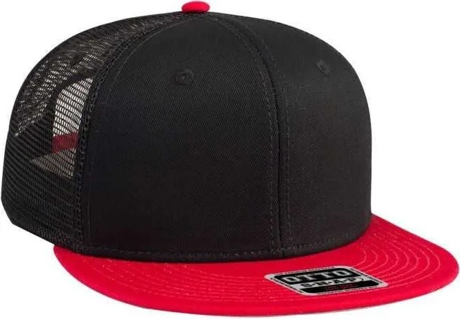 Hat With Bold Graphics-OTTO 141-1070 Superior Cotton Twill Round Flat Visor 6 Panel Pro Style Mesh Back Trucker Snapback Hat - Red Black Black