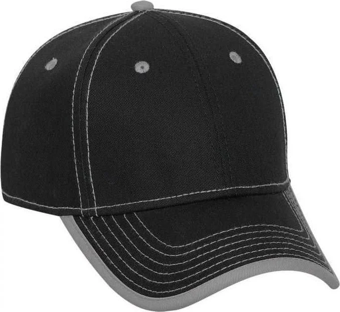 Hat With Reflective Strips-OTTO 147-1071 Superior Cotton Twill w/ Contrast Stitching Binding Trim Visor 6 Panel Low Profile Baseball Cap - Black Gray