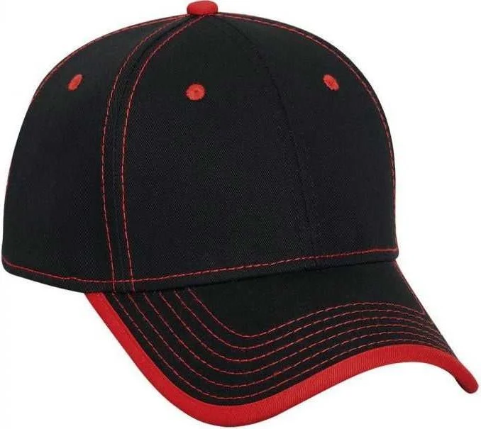 Hat With Quick-Dry Fabric-OTTO 147-1071 Superior Cotton Twill w/ Contrast Stitching Binding Trim Visor 6 Panel Low Profile Baseball Cap - Black Red