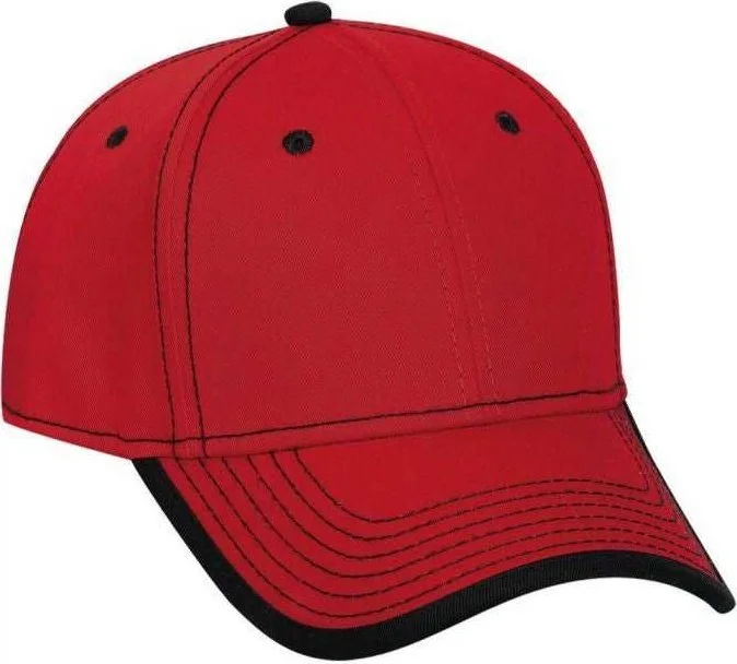 Hat With Mesh Panels-OTTO 147-1071 Superior Cotton Twill w/ Contrast Stitching Binding Trim Visor 6 Panel Low Profile Baseball Cap - Red Black