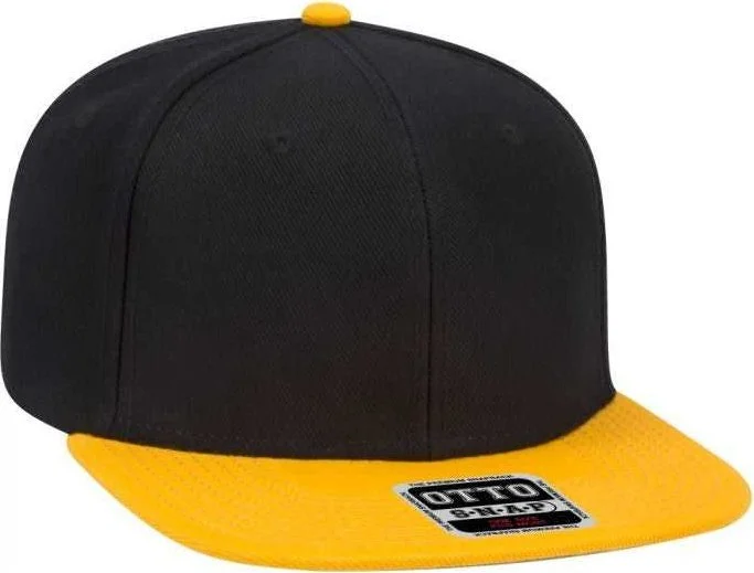 Hat With Dad Hat Style-OTTO 148-1086 Wool Blend Twill Square Flat Visor 6 Panel Pro Style Snapback Hat - Gold Black Black