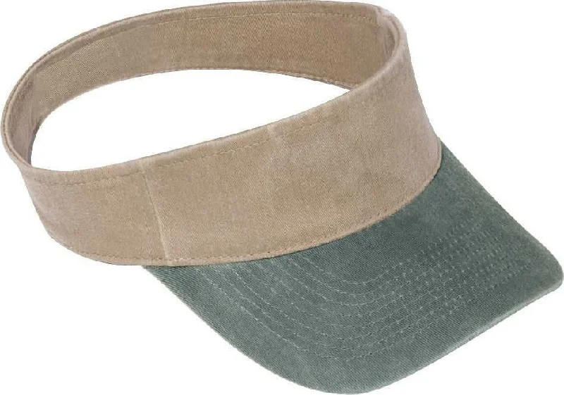 Hat With Bucket Hat Design-OTTO 15-280 Washed Pigment Dyed Cotton Twill 8 Rows Stitching Sun Visors - Dark Green Khaki