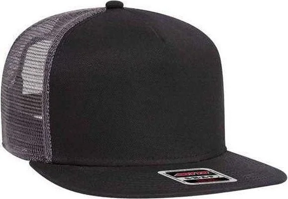 Hat For Skiing-OTTO 154-1124 Superior Cotton Twill Round Flat Visor 5 Panel Pro Style Mesh Back Trucker Snapback Hat - Black Black Charcoal