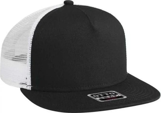 Hat For Soccer-OTTO 154-1124 Superior Cotton Twill Round Flat Visor 5 Panel Pro Style Mesh Back Trucker Snapback Hat - Black Black White