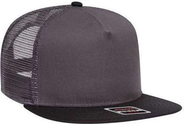 Hat For Football-OTTO 154-1124 Superior Cotton Twill Round Flat Visor 5 Panel Pro Style Mesh Back Trucker Snapback Hat - Black Charcoal Charcoal