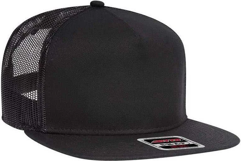 Hat For Snowboarding-OTTO 154-1124 Superior Cotton Twill Round Flat Visor 5 Panel Pro Style Mesh Back Trucker Snapback Hat - Black