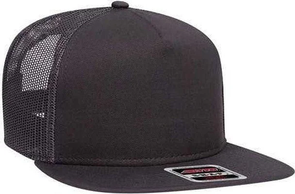 Hat For Basketball-OTTO 154-1124 Superior Cotton Twill Round Flat Visor 5 Panel Pro Style Mesh Back Trucker Snapback Hat - Charcoal Gray