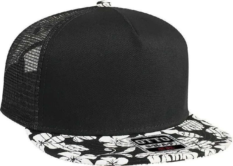 Hat With Water-Resistant Coating-OTTO 154-1155 Superior Cotton Twill Hawaiian Pattern Round Flat Visor 5 Panel Pro Style Mesh Back Trucker Snapback Hat - Black