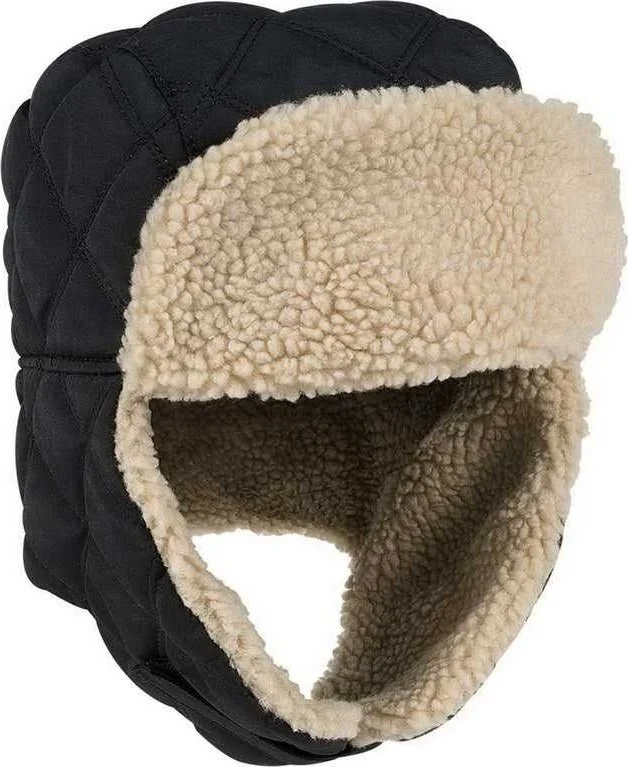 Hat With Fleece Interior-OTTO 163-1183 Quilted Polyester Shell w/ Shearling Lining Three Panel Trapper Hat - Black