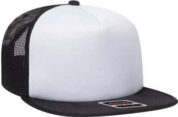 Hat With Cotton Fabric-OTTO 164-1190 Snap 5 Panel Mid Profile Mesh Back Trucker Snapback Hat - Black White Black