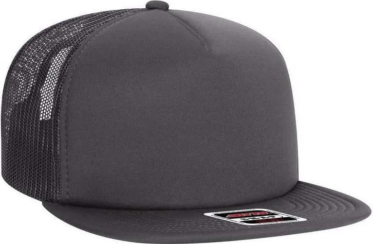 Hat With Suede Finish-OTTO 164-1190 Snap 5 Panel Mid Profile Mesh Back Trucker Snapback Hat - Charcoal Gray