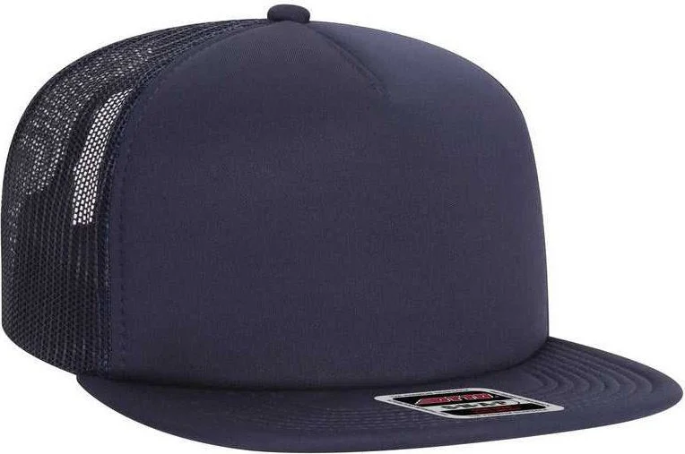 Hat With Denim Fabric-OTTO 164-1190 Snap 5 Panel Mid Profile Mesh Back Trucker Snapback Hat - Navy