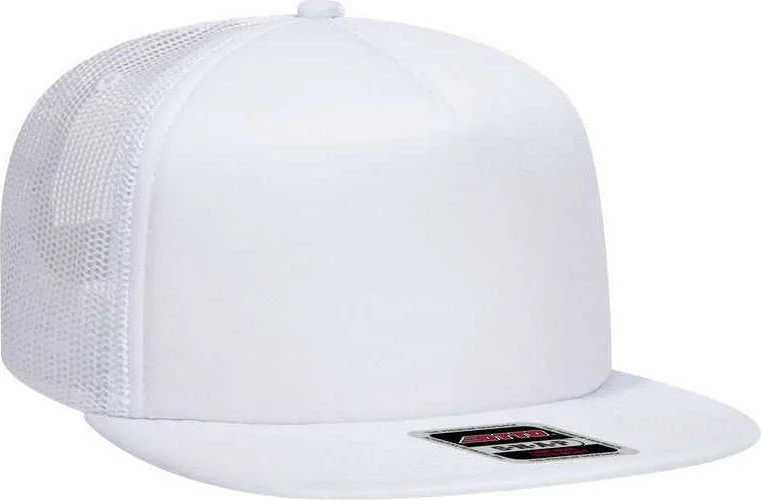 Hat With Leather Material-OTTO 164-1190 Snap 5 Panel Mid Profile Mesh Back Trucker Snapback Hat - White