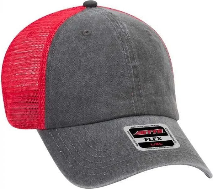 Hat With Thermal Insulation-OTTO 169-1264 OTTO Flex 6 Panel Low Profile Garment Washed Pigment Dyed Superior Cotton Twill w/ Soft Polyester Mesh Back Cap - Black Black Red