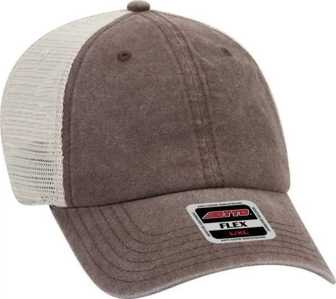 Hat With Cooling Technology-OTTO 169-1264 OTTO Flex 6 Panel Low Profile Garment Washed Pigment Dyed Superior Cotton Twill w/ Soft Polyester Mesh Back Cap - Dark Brown Dark Brown Khaki