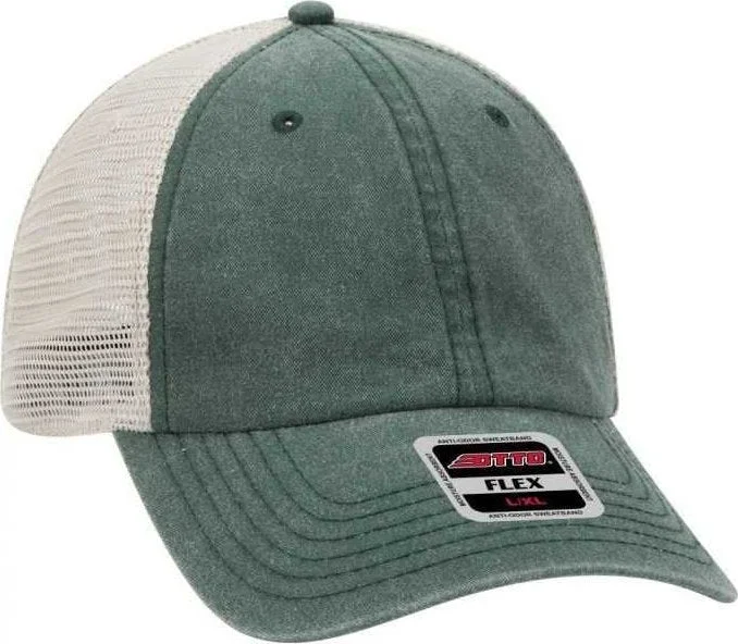 Hat With Hidden Pocket-OTTO 169-1264 OTTO Flex 6 Panel Low Profile Garment Washed Pigment Dyed Superior Cotton Twill w/ Soft Polyester Mesh Back Cap - Dark Green Dark Green Khaki