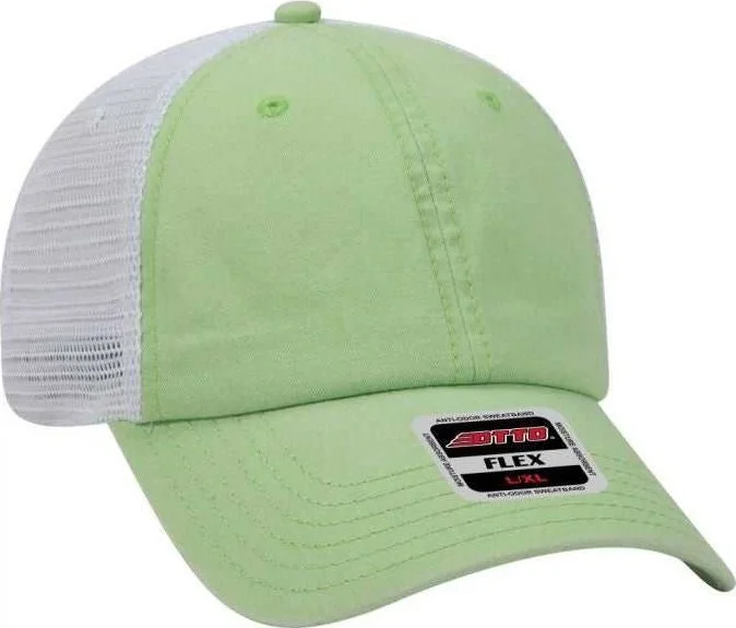 Hat With Built-in Headphones-OTTO 169-1264 OTTO Flex 6 Panel Low Profile Garment Washed Pigment Dyed Superior Cotton Twill w/ Soft Polyester Mesh Back Cap - Lime Lime White