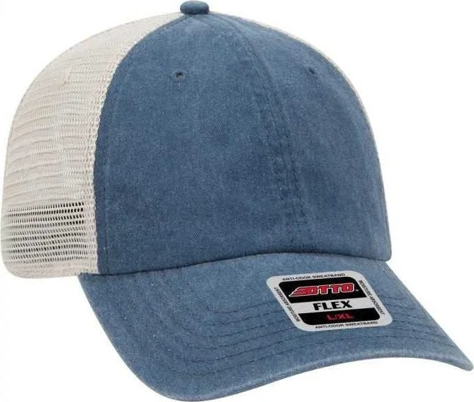 Hat With Bluetooth Speakers-OTTO 169-1264 OTTO Flex 6 Panel Low Profile Garment Washed Pigment Dyed Superior Cotton Twill w/ Soft Polyester Mesh Back Cap - Navy Navy Khaki